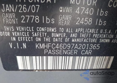 2007 Hyundai Azera Gls from USA, damaged, VIN KMHFC46D97A201365